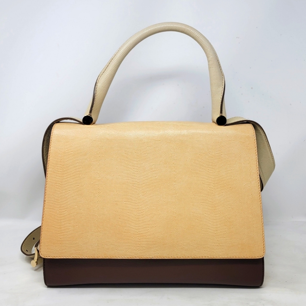 MaxMara J Bag Cream Brown Leather Top Handle Large Shoulder Hand Bag Authentic